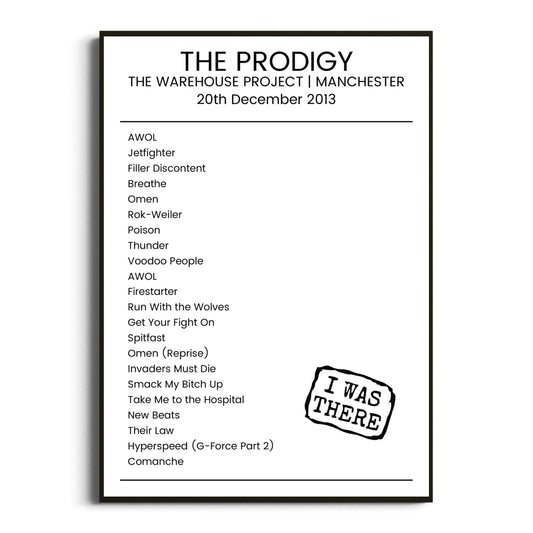 The Prodigy Manchester 20 December 2013 Setlist Poster