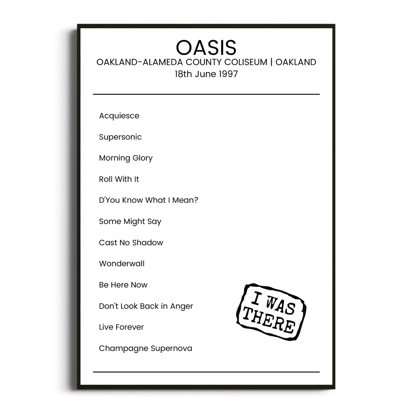 Oasis Oakland 18 June 1997 Setlist Poster