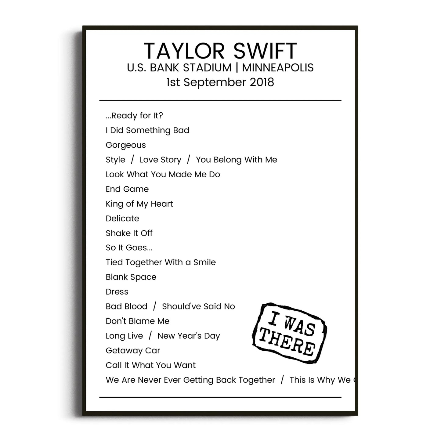 Taylor Swift Minneapolis 01 September 2018 Setlist Poster