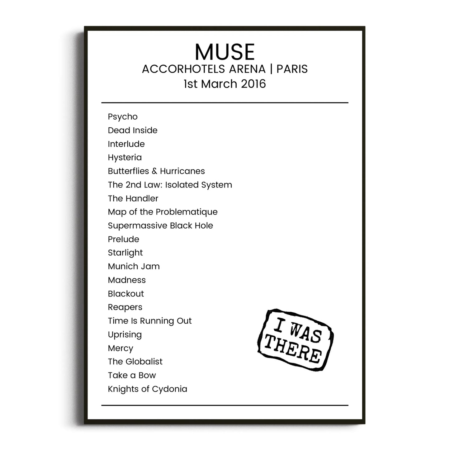 Muse Paris 01 March 2016 Setlist Poster