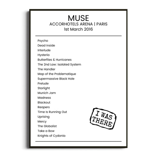 Muse Paris 01 March 2016 Setlist Poster