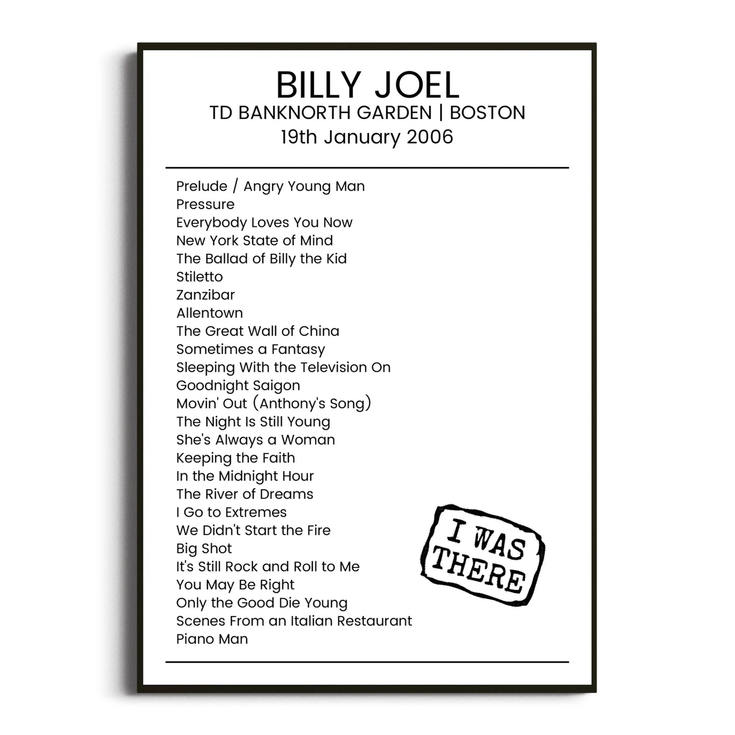 Billy Joel Boston 19 January 2006 Setlist Poster