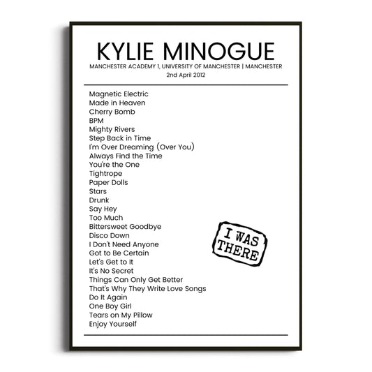 Kylie Minogue Manchester 02 April 2012 Setlist Poster