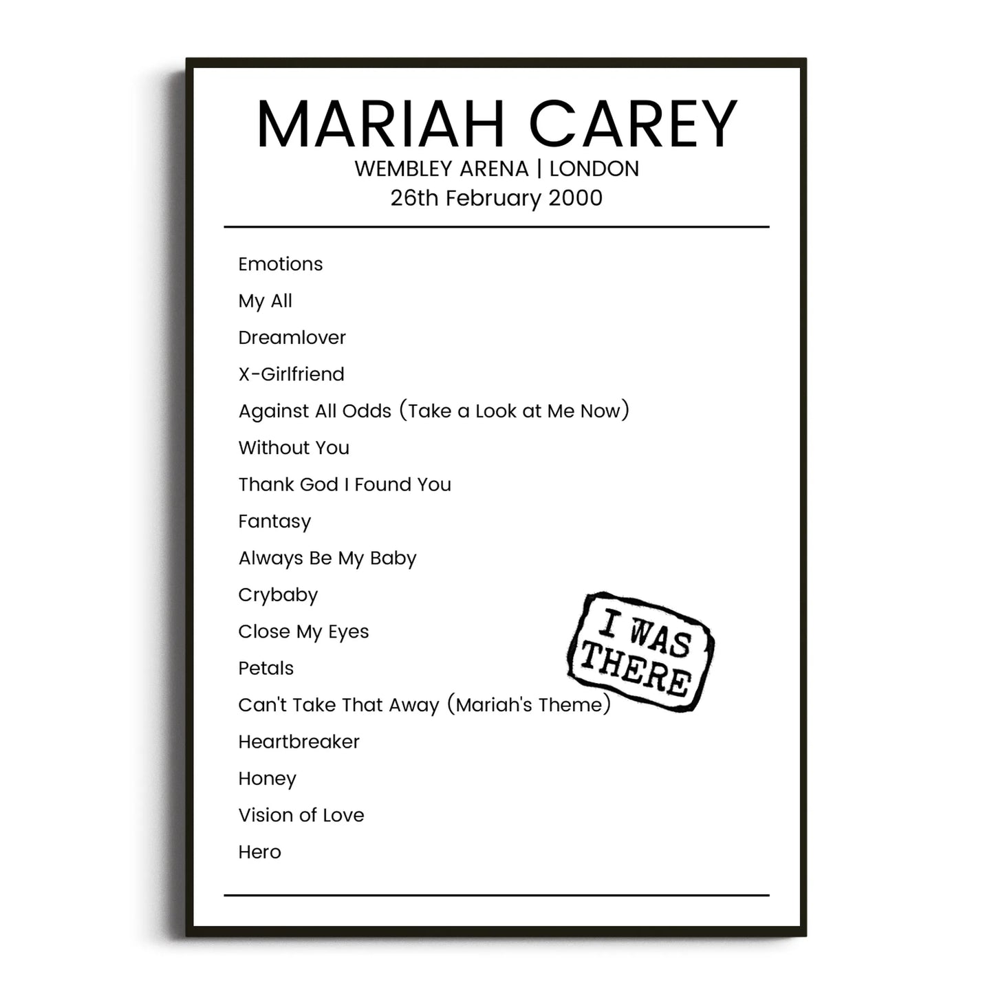 Mariah Carey London 26 February 2000 Setlist Poster