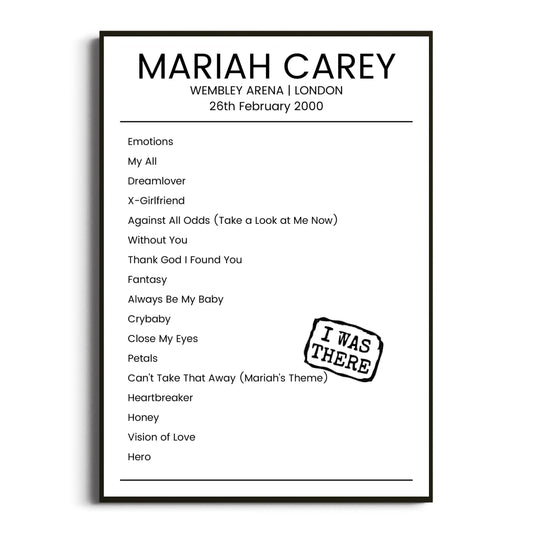 Mariah Carey London 26 February 2000 Setlist Poster