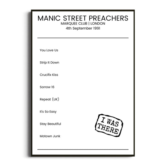 Manic Street Preachers London 04 September 1991 Setlist Poster