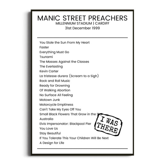 Manic Street Preachers Cardiff 31 December 1999 Setlist Poster