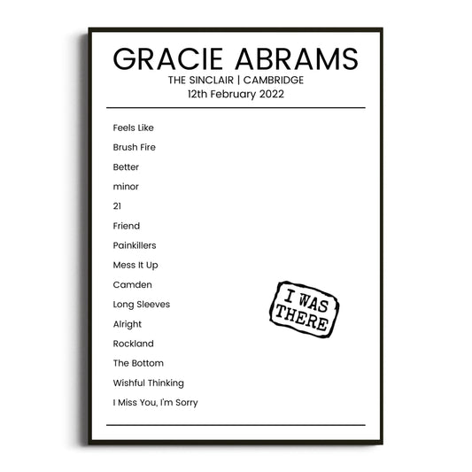 Gracie Abrams Cambridge 12 February 2022 Setlist Poster