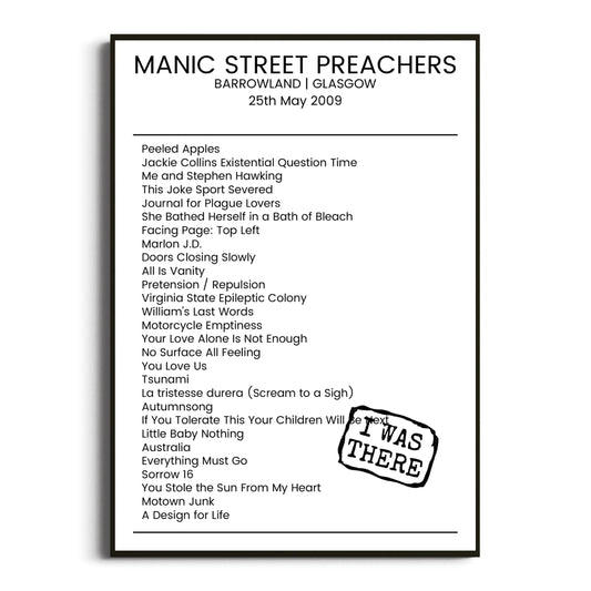 Manic Street Preachers Glasgow 25 May 2009 Setlist Poster