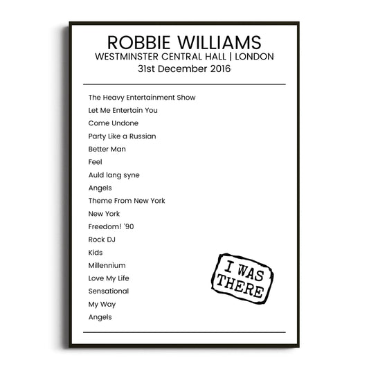 Robbie Williams London 31 December 2016 Setlist Poster