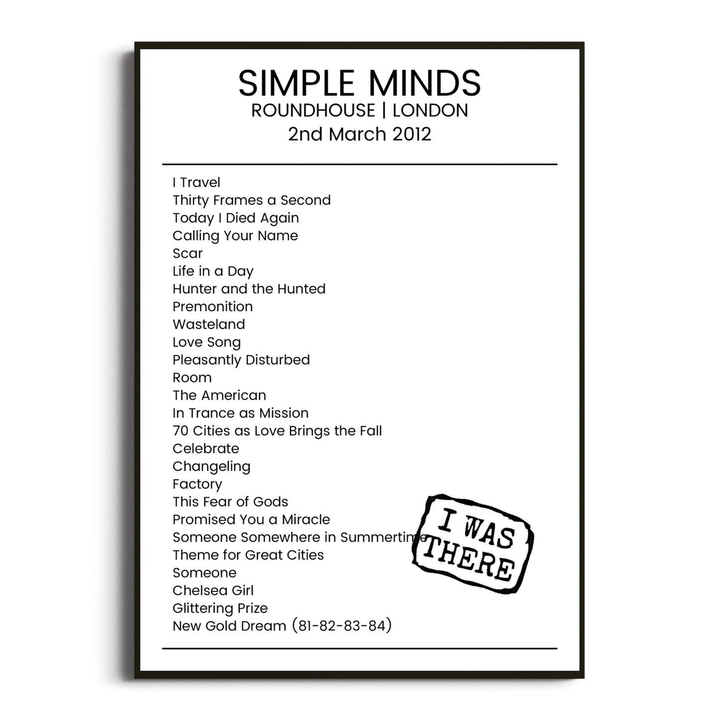 Simple Minds London 02 March 2012 Setlist Poster