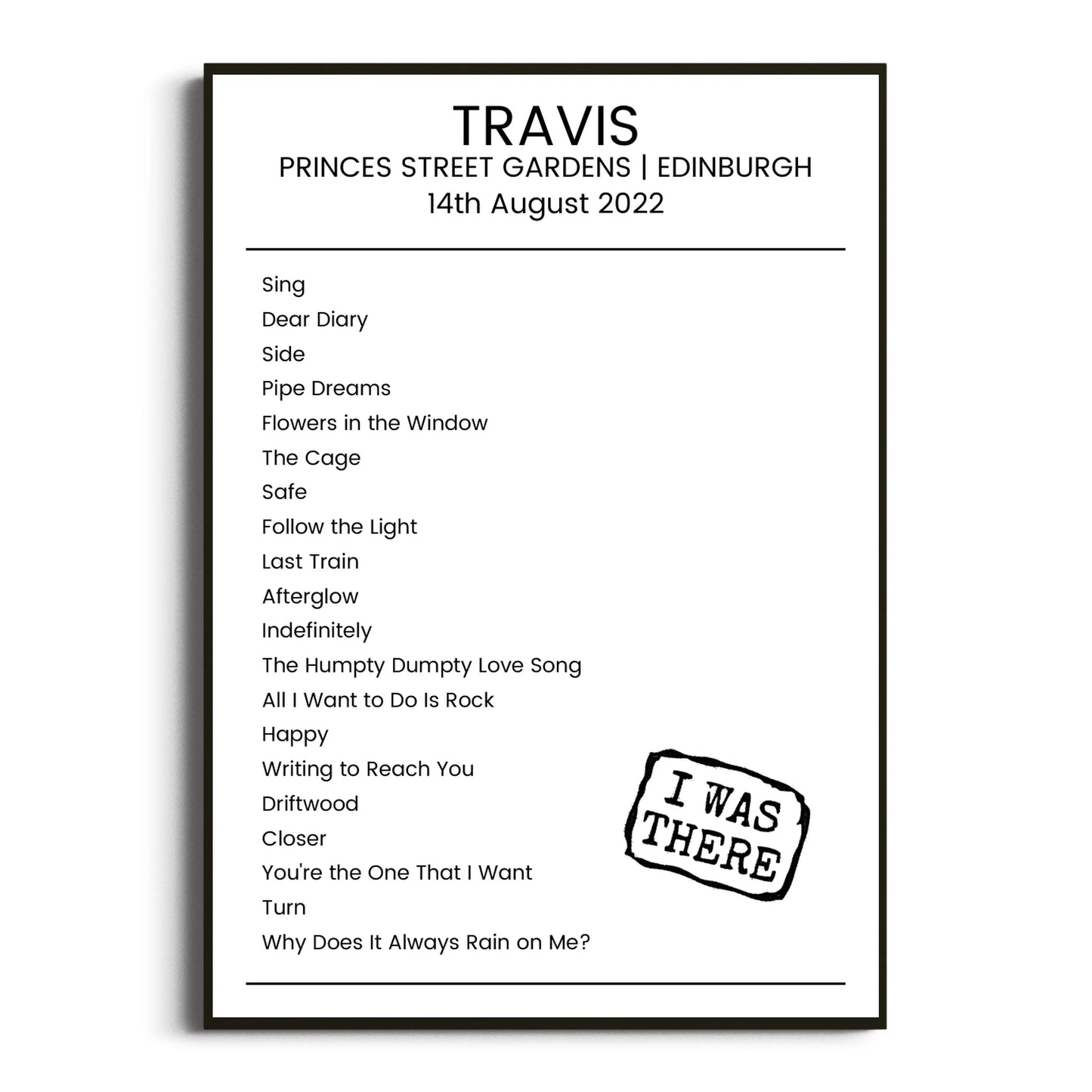 Travis Edinburgh 14 August 2022 Setlist Poster