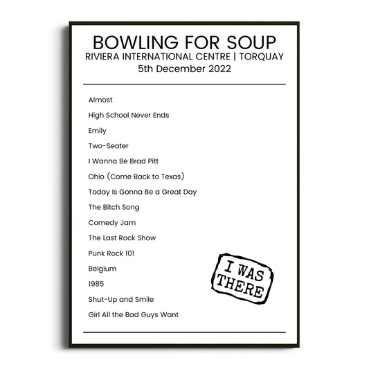 Bowling for Soup Torquay 05 December 2022 Setlist Poster