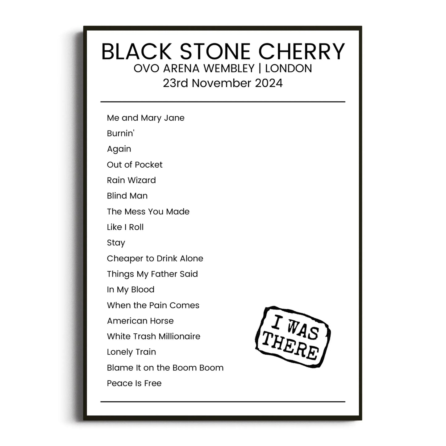 Black Stone Cherry London 23 November 2024 Setlist Poster