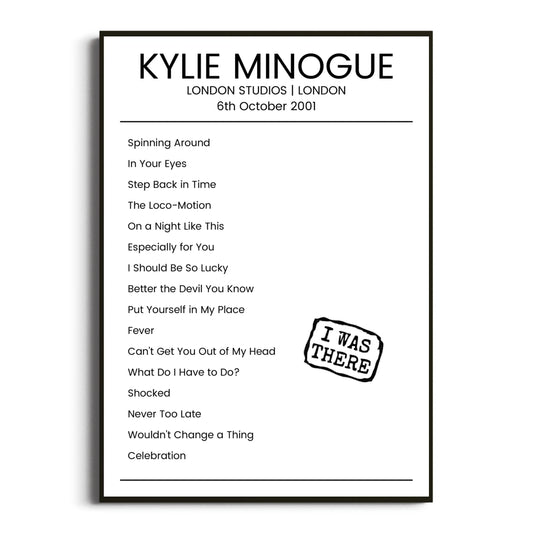 Kylie Minogue London 06 October 2001 Setlist Poster