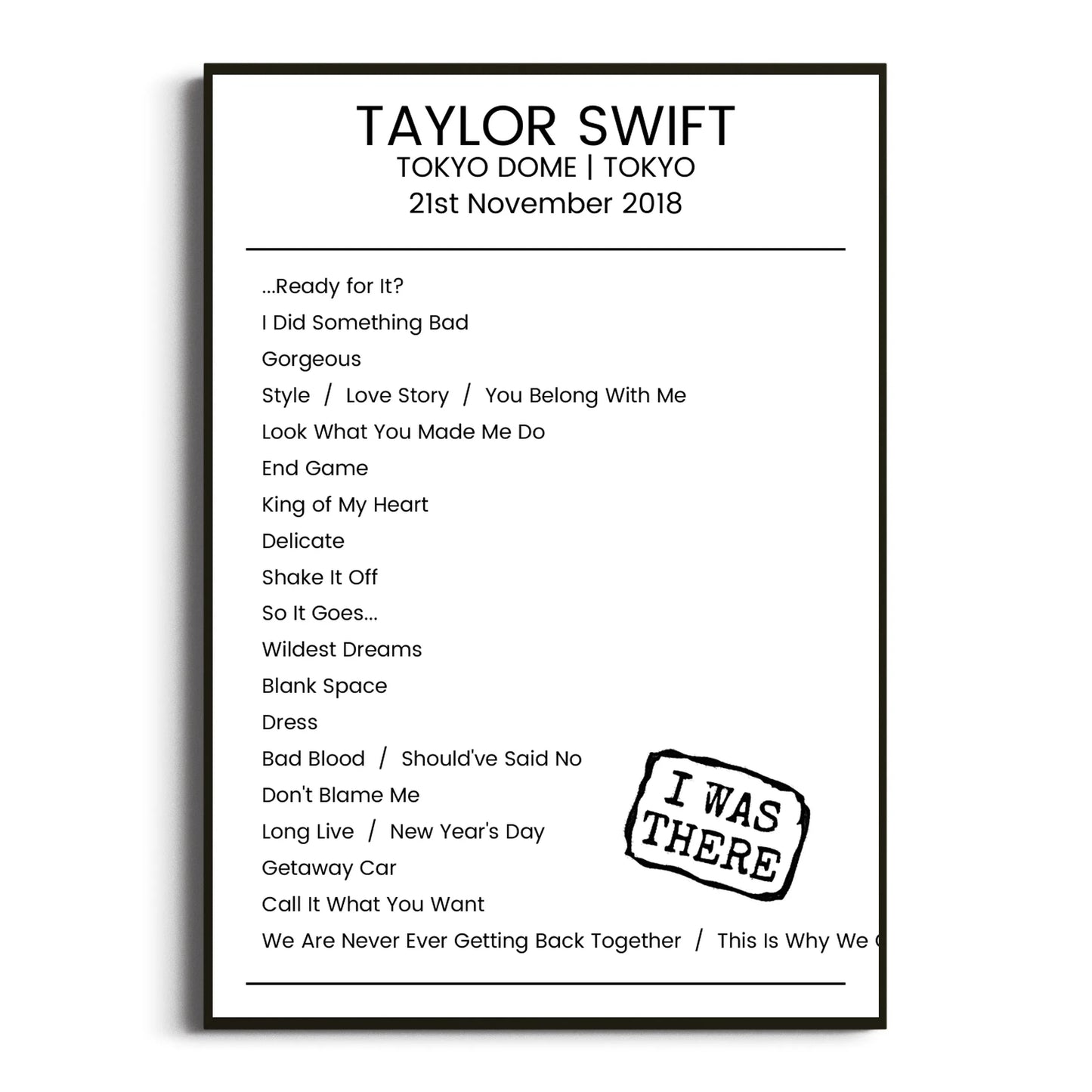 Taylor Swift Tokyo 21 November 2018 Setlist Poster