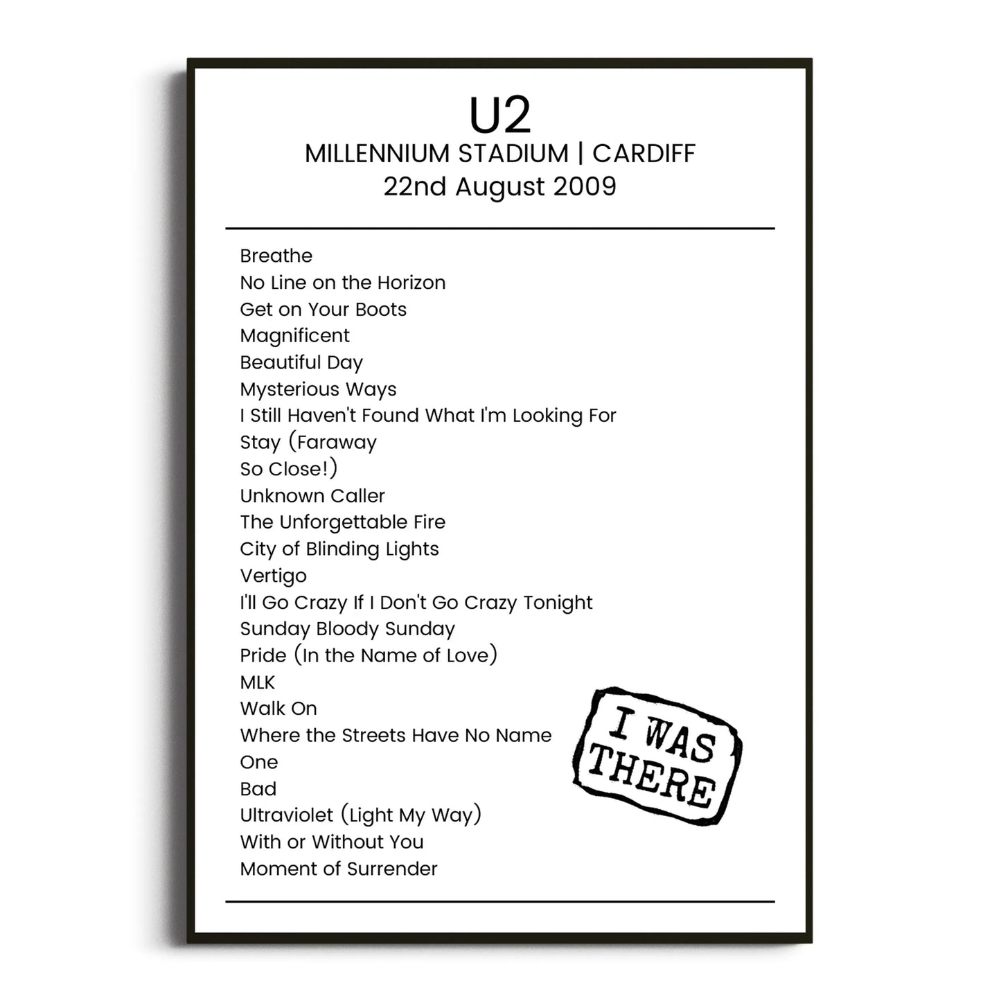 U2 Cardiff 22 August 2009 Setlist Poster