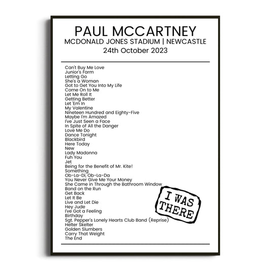 Paul McCartney Newcastle 24 October 2023 Setlist Poster