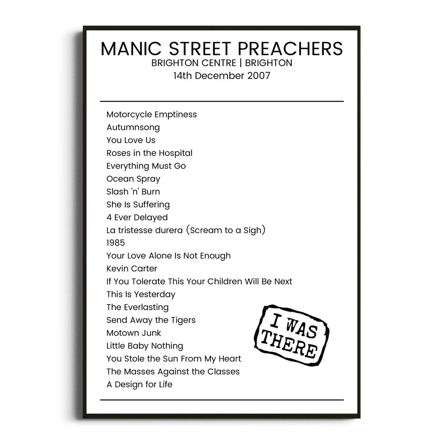 Manic Street Preachers Brighton 14 December 2007 Setlist Poster