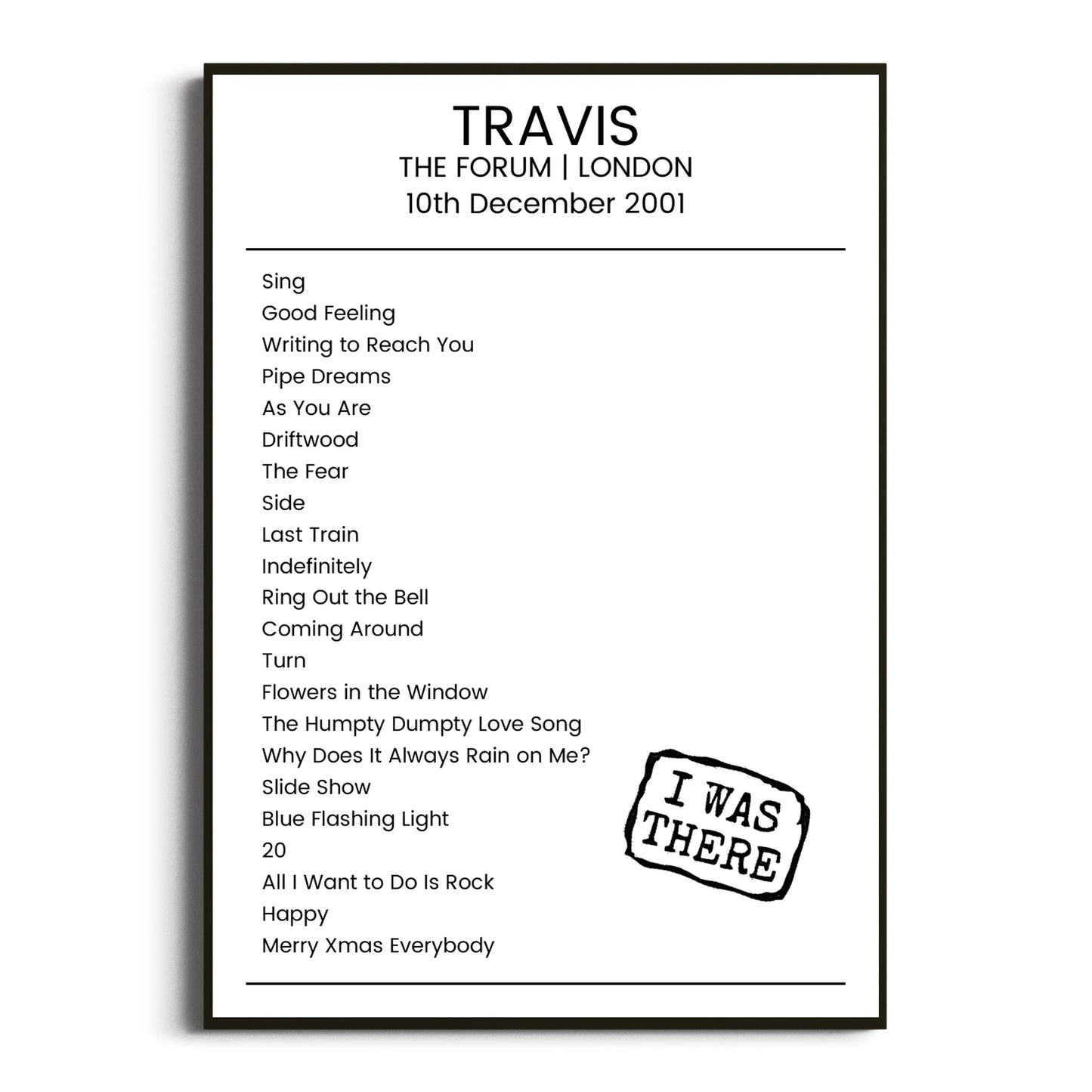 Travis London 10 December 2001 Setlist Poster