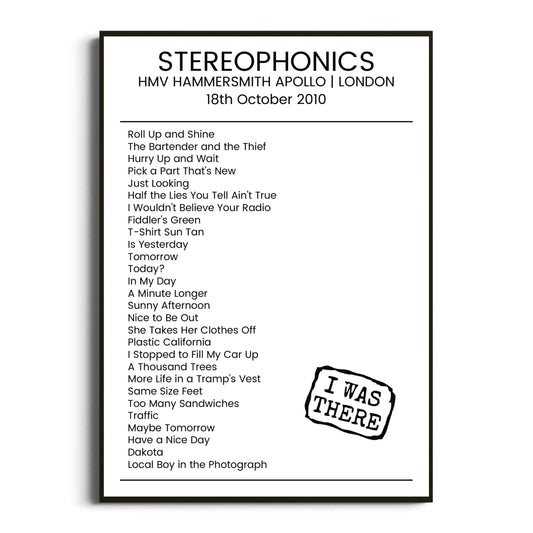 Stereophonics London 18 October 2010 Setlist Poster