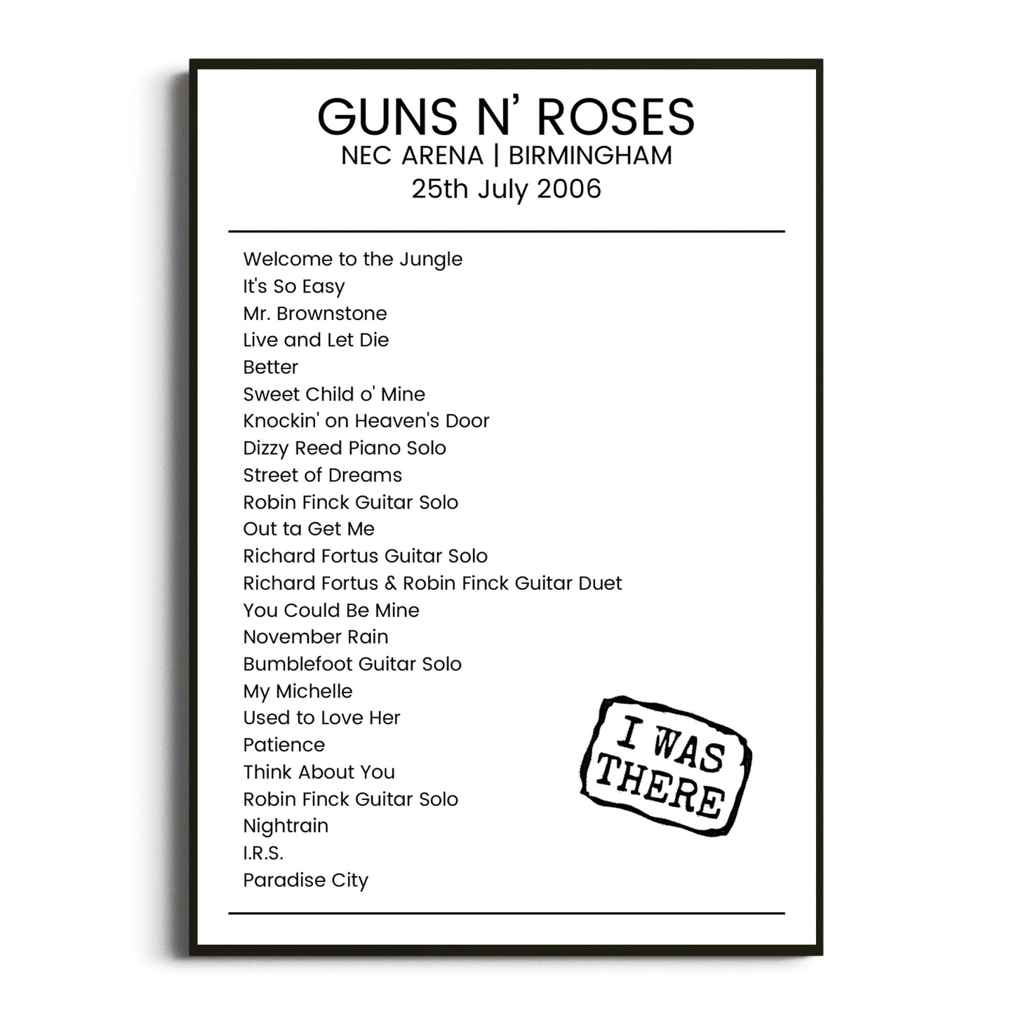 Guns N’ Roses Birmingham 25 July 2006 Setlist Poster