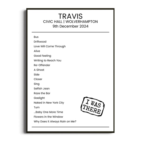 Travis Wolverhampton 09 December 2024 Setlist Poster