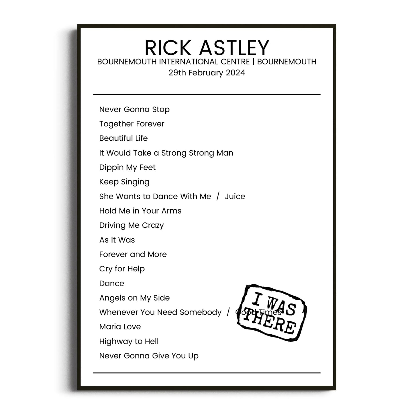 Rick Astley Bournemouth 29 February 2024 Setlist Poster