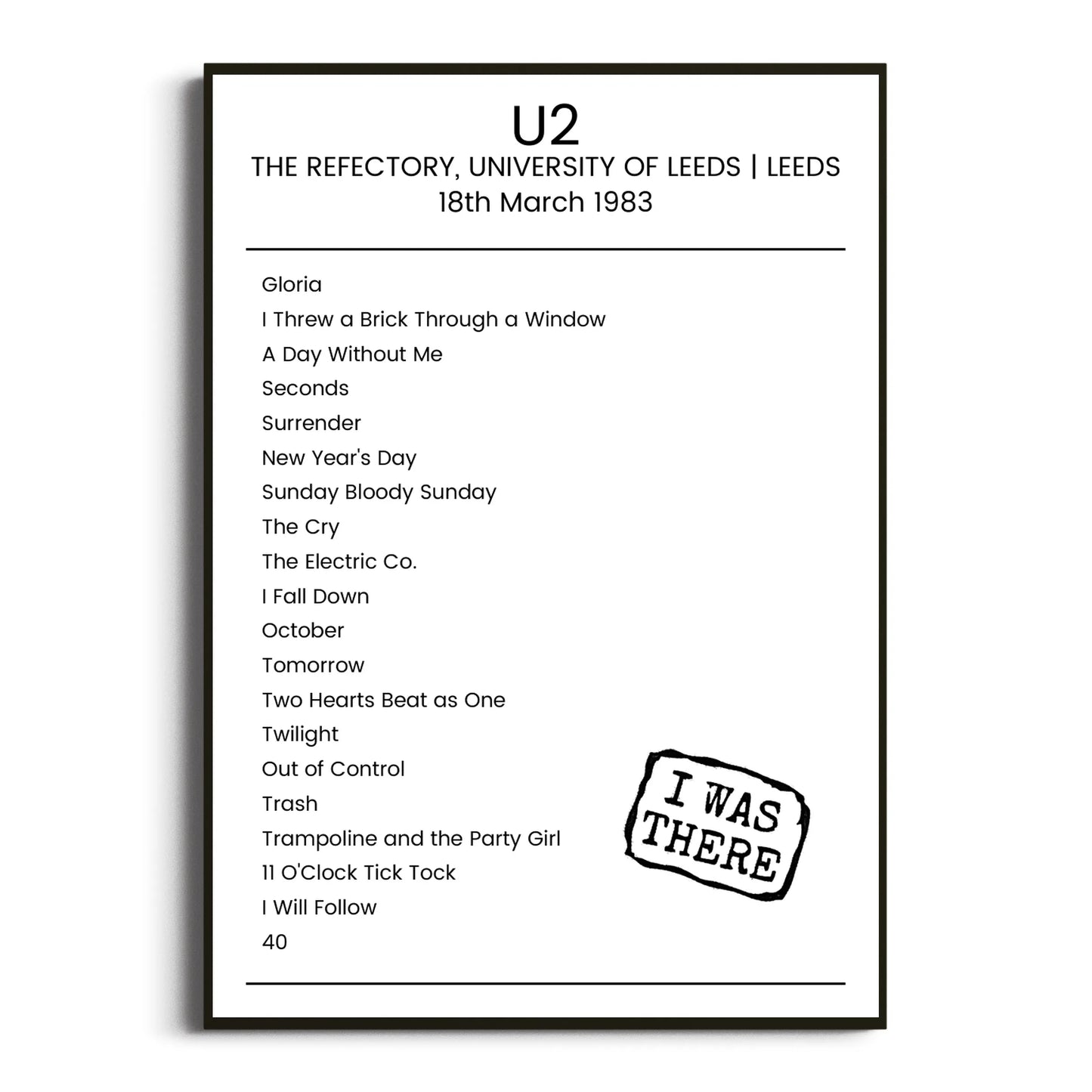 U2 Leeds 18 March 1983 Setlist Poster