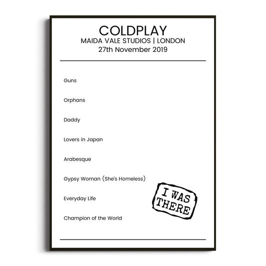 Coldplay London 27 November 2019 Setlist Poster