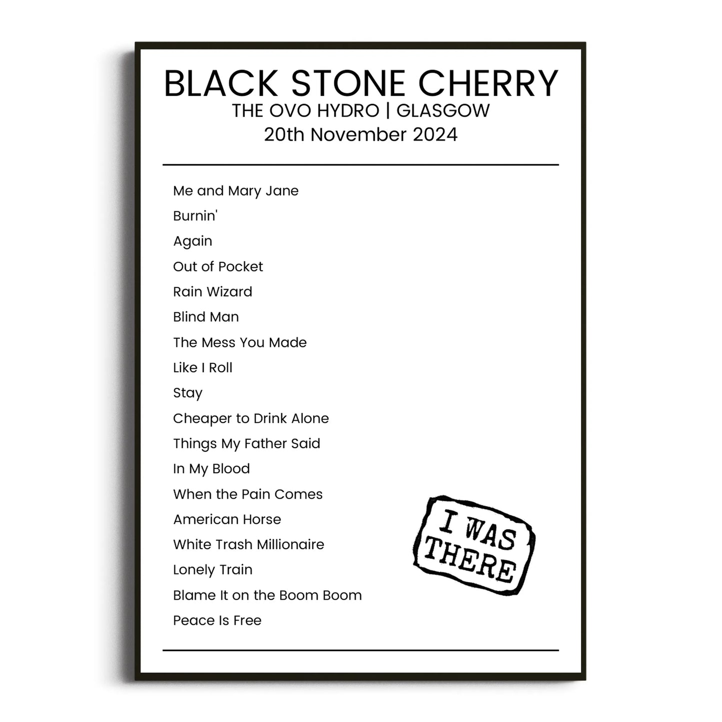 Black Stone Cherry Glasgow 20 November 2024 Setlist Poster