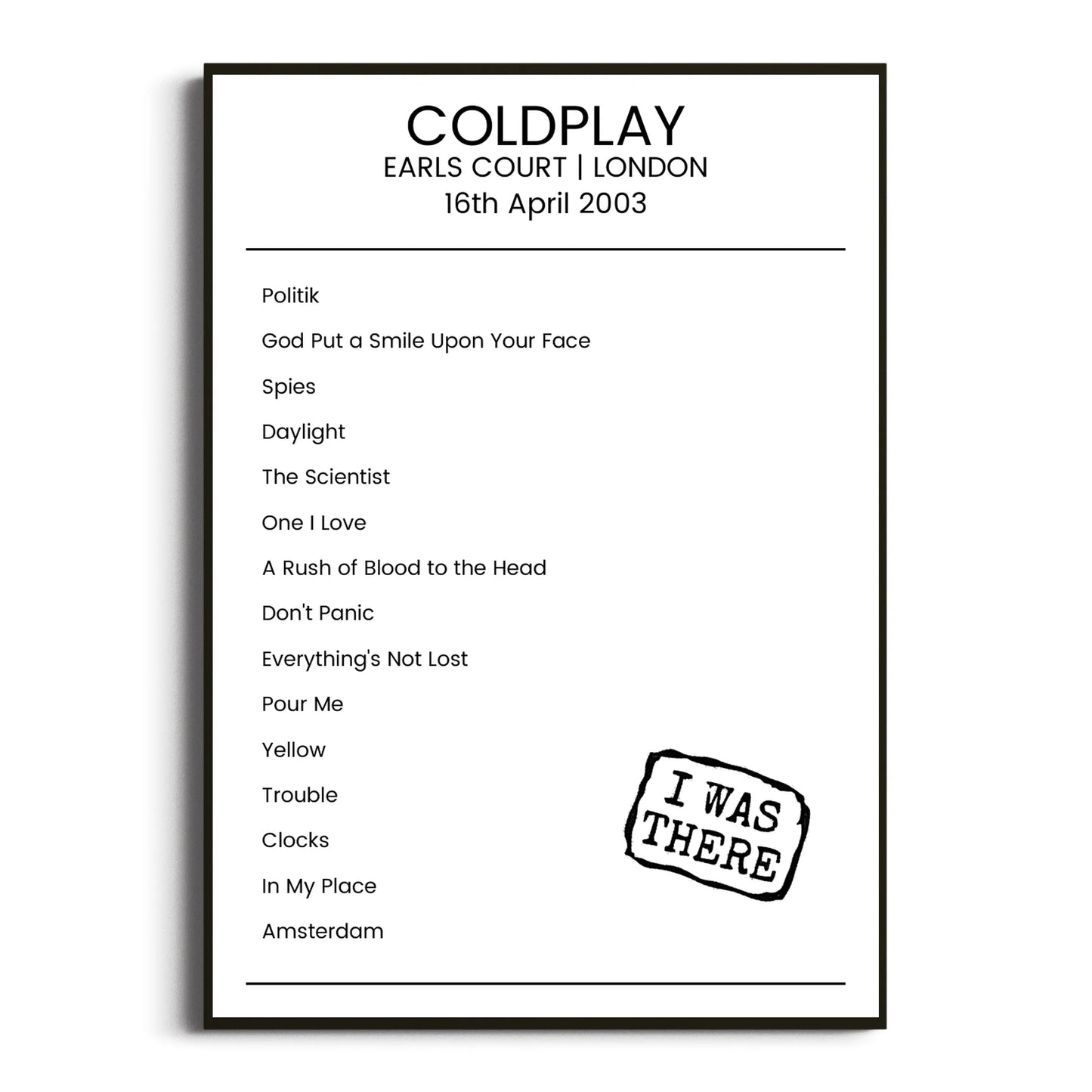 Coldplay London 16 April 2003 Setlist Poster