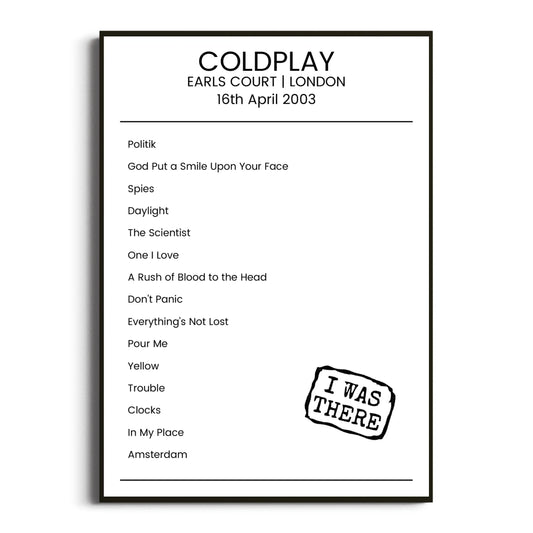 Coldplay London 16 April 2003 Setlist Poster