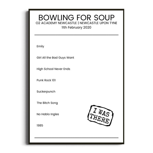 Bowling for Soup Newcastle upon Tyne 11 February 2020 Setlist Poster