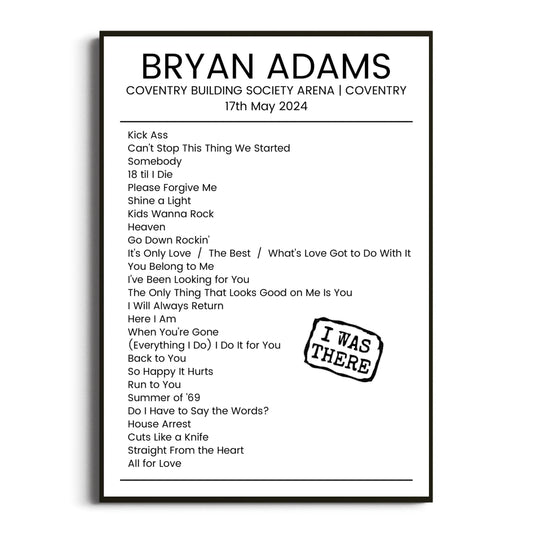 Bryan Adams Coventry 17 May 2024 Setlist Poster