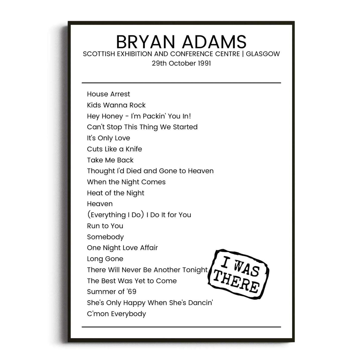 Bryan Adams Glasgow 29 October 1991 Setlist Poster