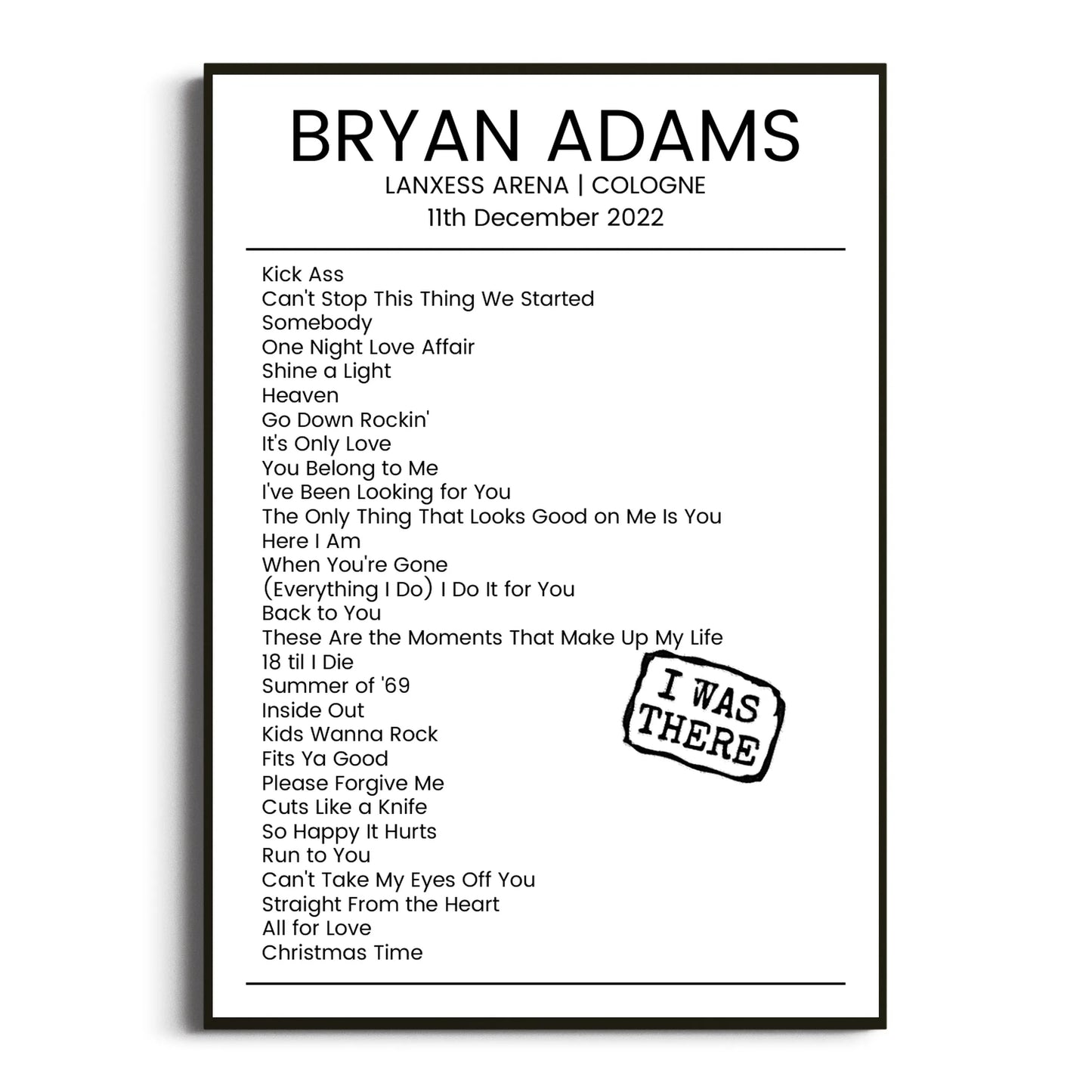 Bryan Adams Cologne 11 December 2022 Setlist Poster