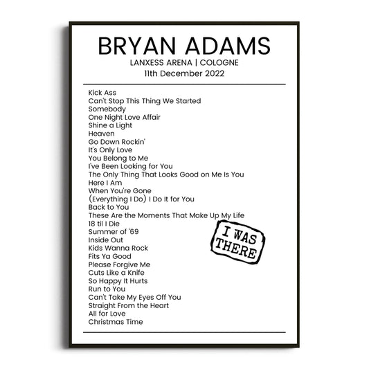 Bryan Adams Cologne 11 December 2022 Setlist Poster