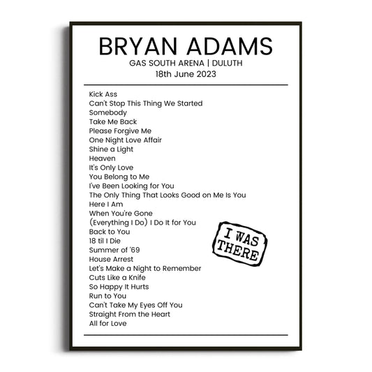 Bryan Adams Duluth 18 June 2023 Setlist Poster