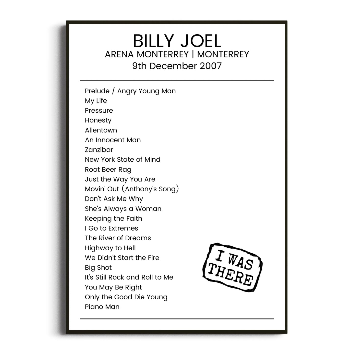 Billy Joel Monterrey 09 December 2007 Setlist Poster