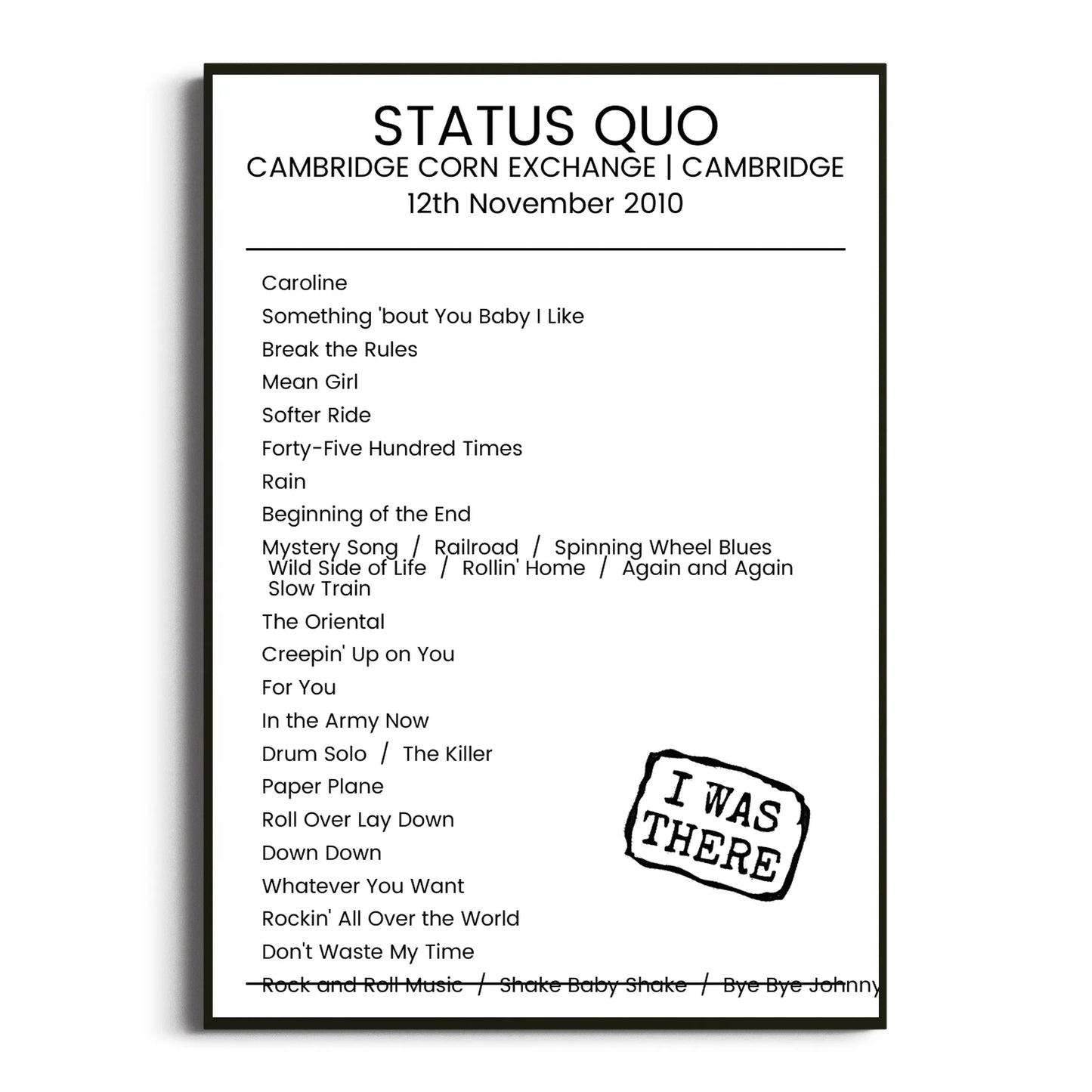 Status Quo Cambridge 12 November 2010 Setlist Poster