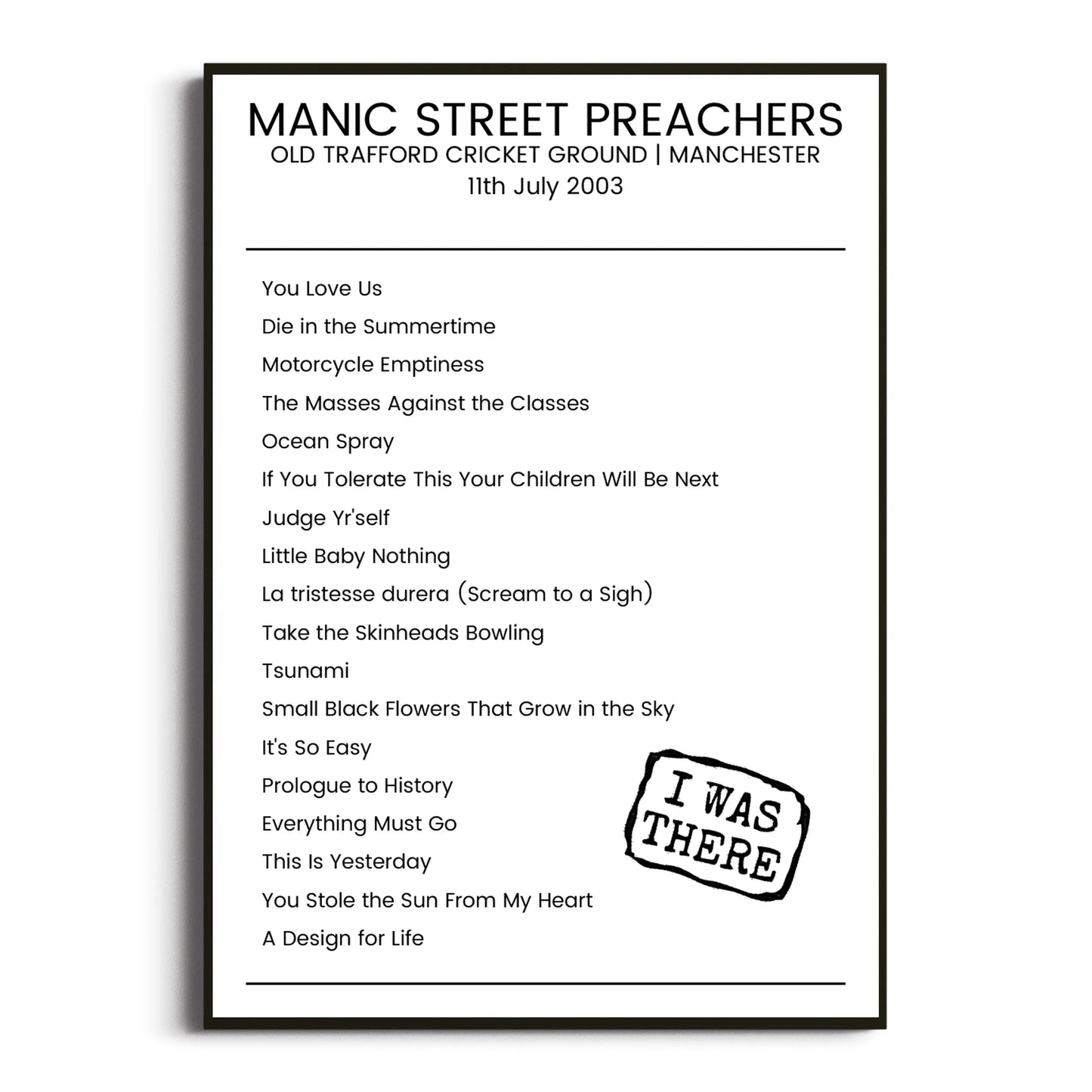 Manic Street Preachers Manchester 11 July 2003 Setlist Poster