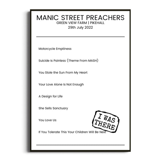 Manic Street Preachers Pikehall 29 July 2022 Setlist Poster