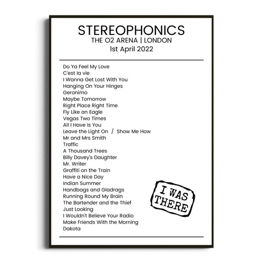 Stereophonics London 01 April 2022 Setlist Poster