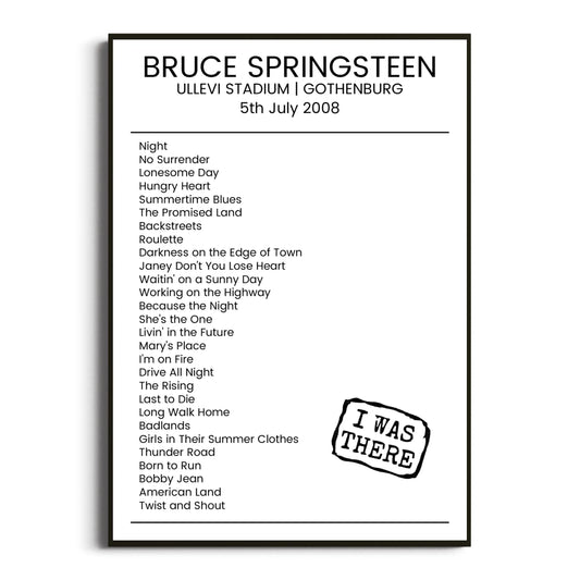 Bruce Springsteen Gothenburg 05 July 2008 Setlist Poster