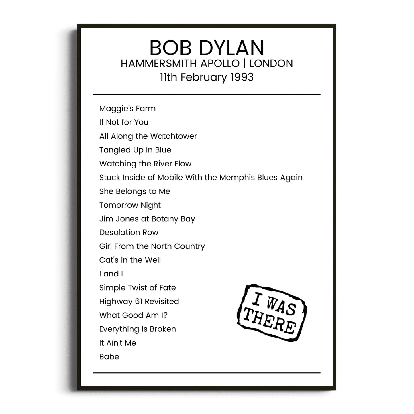 Bob Dylan London 11 February 1993 Setlist Poster