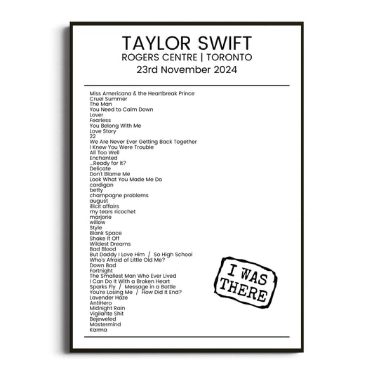 Taylor Swift Toronto 23 November 2024 Setlist Poster