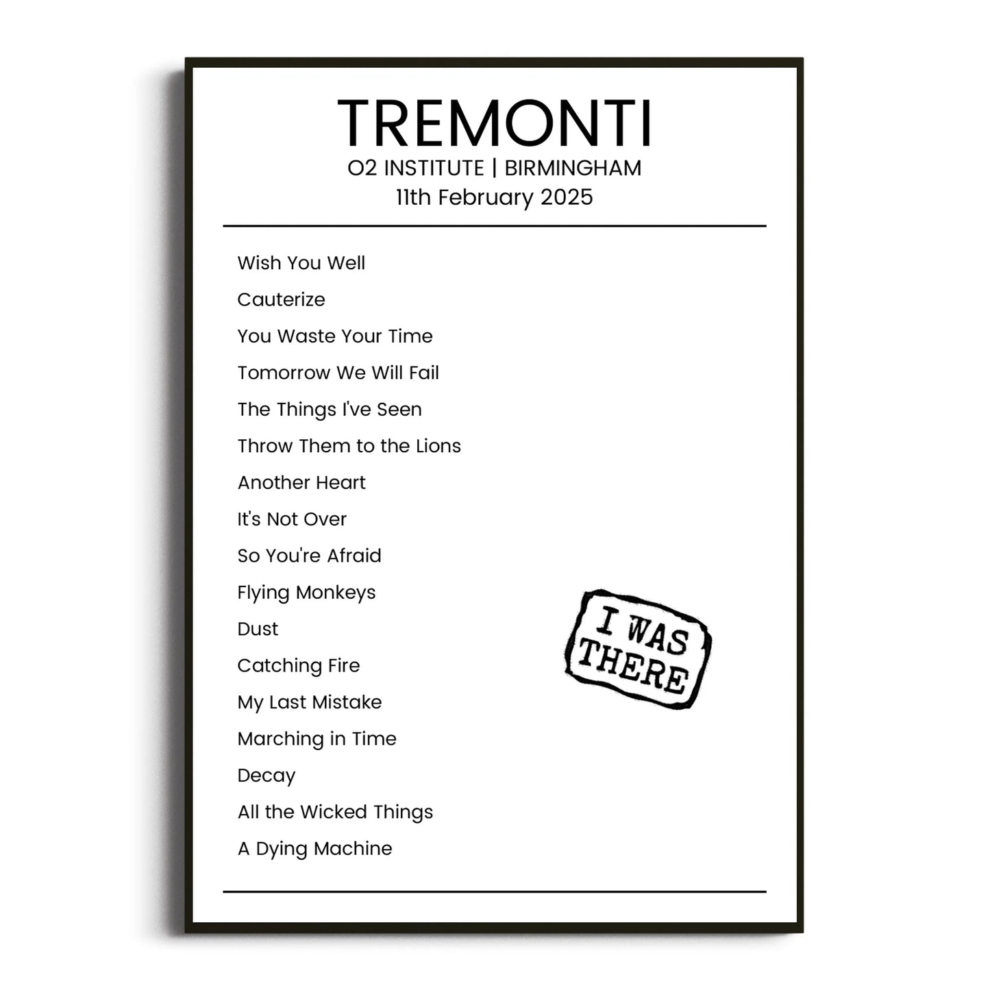 Tremonti Birmingham 11 February 2025 Setlist Poster