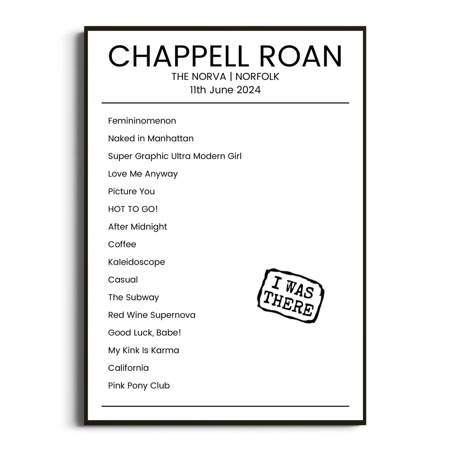 Chappell Roan Norfolk 11 June 2024 Setlist Poster