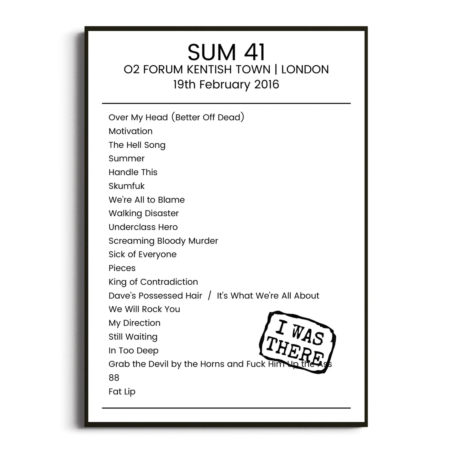 Sum 41 London 19 February 2016 Setlist Poster